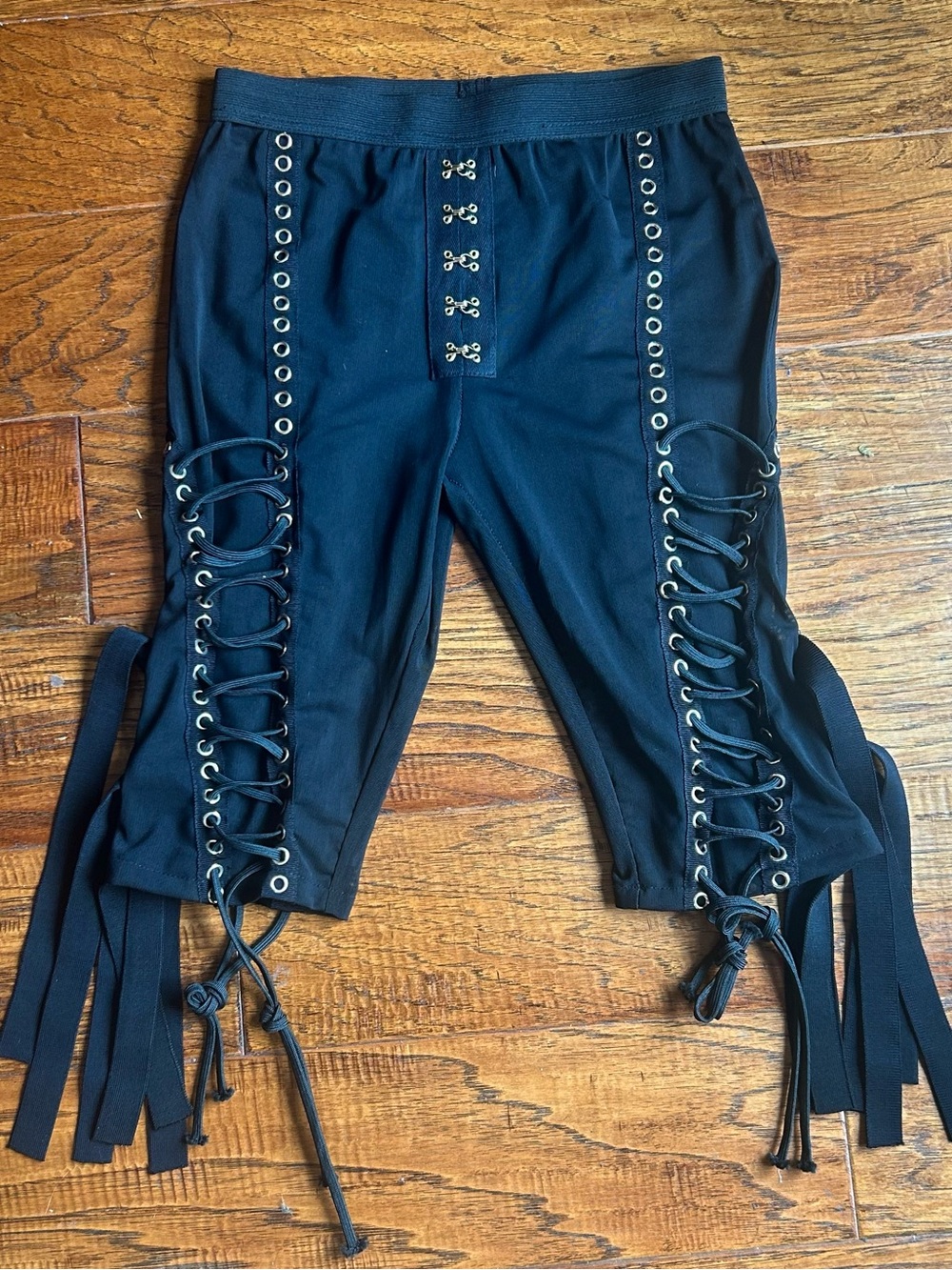 Black Lace-Up Fringe Capris with Eyelet Detail